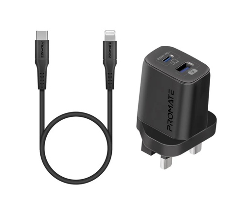 [ChargeKit-25PDi] بروميت محول شحن 25 واط بمنفذين مع كابل تايب سي إلى لايتنينغ من بروميت (أسود)