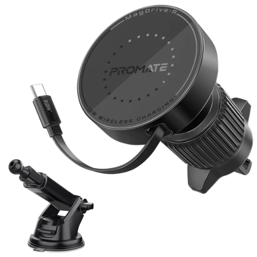 [MagDrive-R] Promate 15W Car Charger MagSafe with Retractable Cable (Black)