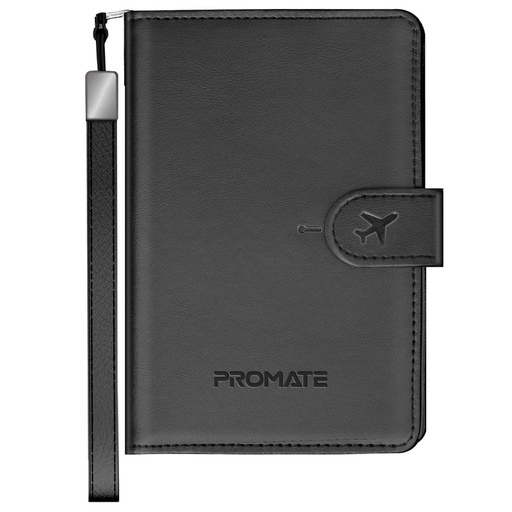 [PassMate.Black] Promate Slim Leather Passport Holder with RFID Protection & Smart Tracking (Black)