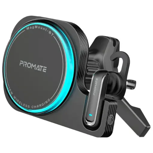 [MagMount-BT] Promate 2-in-1 MagSafe Wireless Car Charger 15W Built-in Wireless Mono ENC Earphone (Black)