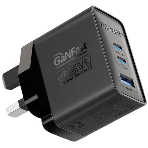 [POWERPORT-45.Black.UK] Promate Charging Adapter 45W PD GaNFast™ (Black)