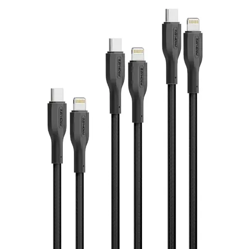 [CableKit-Ci] طقم كابلات بروميت للشحن السريع بقدرة 27 واط، 3 قطع، يو إس بي سي إلى لايتنينغ، عالية المتانة – أسود