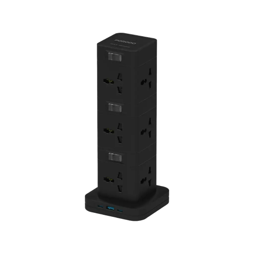 [PD-FWCH042-BK] Porodo Three-Story 12AC Power Hub With USB-C PD & Quick Charge 3.0 (Black)