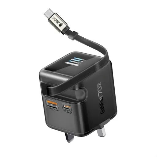 [Cubix-R70.UK.Black]   (أسود) شاحن حائط GaNFast™ بقدرة 70 واط مع كابل USB-C Promate 