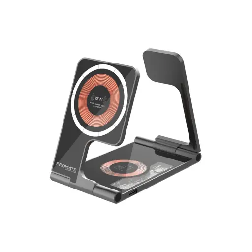 [AuraFold-Trio]  (أسود) شاحن لاسلكي AuraFold-Trio بقدرة 15 واط، فائق النحافة وقابل للطي، يدعم MagSafe  Promate 