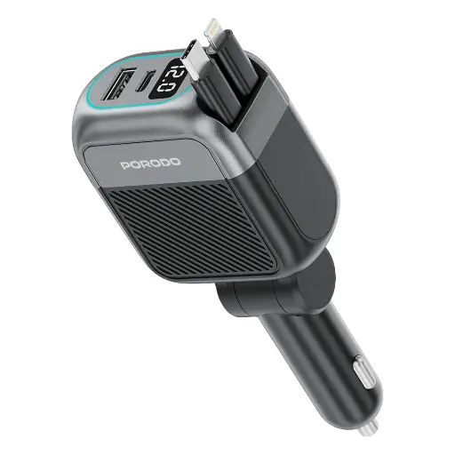 [PDCCR33BK] Porodo Spider Multi-Port USB Car Charger with USBC to USB-C & Lightning Cable (Black)