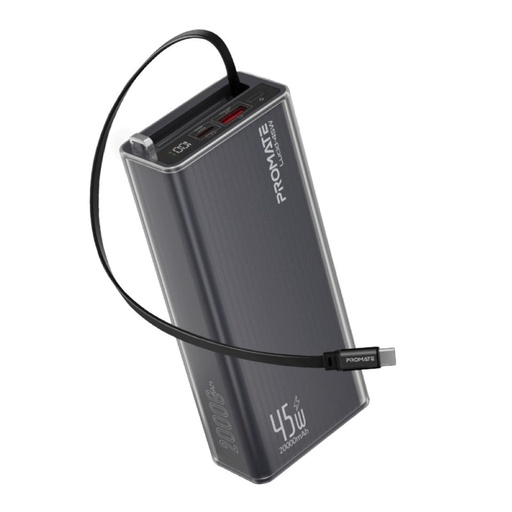[Lucid-45W.Black] Promate Lucid Clear-Case Power Bank 45W PD w/ Retractable USB-C Cable 20000mAh (Black)
