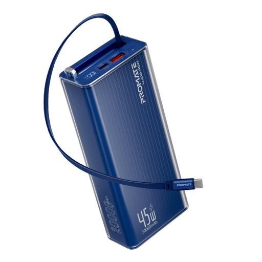 [Lucid-45W.Blue] Promate Lucid Clear-Case Power Bank 45W PD w/ Retractable USB-C Cable 20000mAh (Blue)