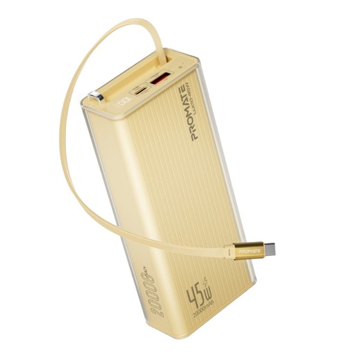 [Lucid-45W.Gold] Promate Lucid Clear-Case Power Bank 45W PD w/ Retractable USB-C Cable 20000mAh (Gold)