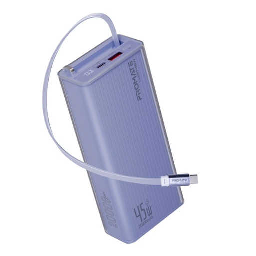 [Lucid-45W.Purple] Promate Lucid Clear-Case Power Bank 45W PD w/ Retractable USB-C Cable 20000mAh (Purple)